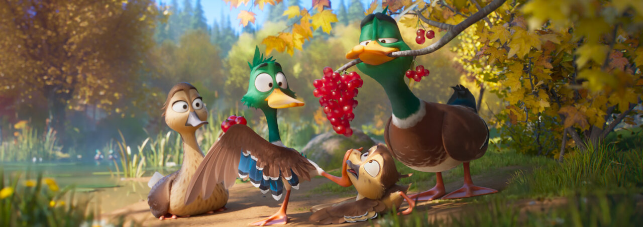 A shot from the movie Migration featuring some animated ducks about to eat berries