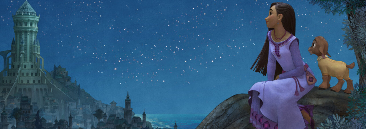 A shot from the animated movie Wish showing a girl and her sheep looking at a castle at night