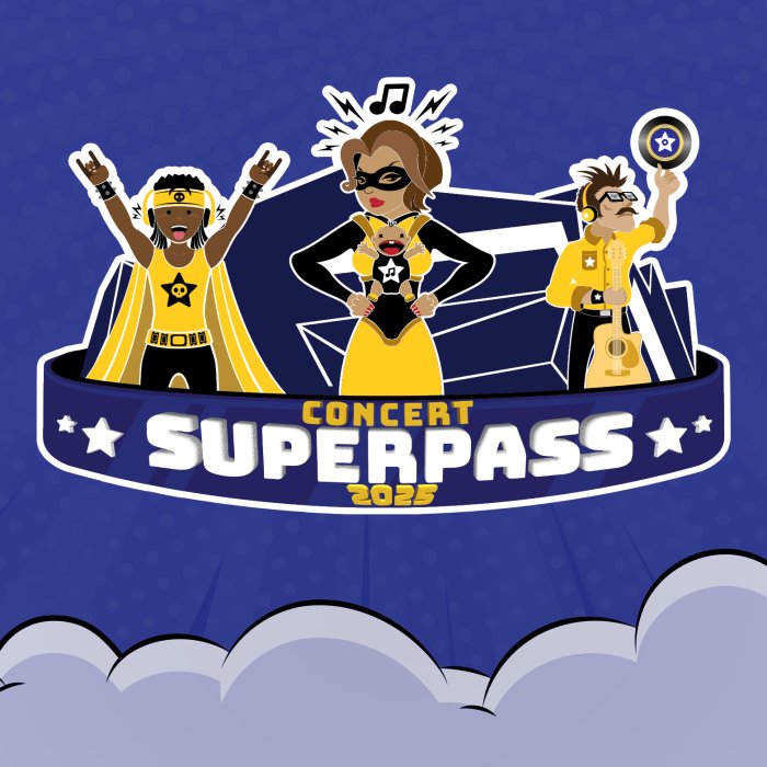3 super hero characters standing in front of the RAC Arena above a banner that reads 