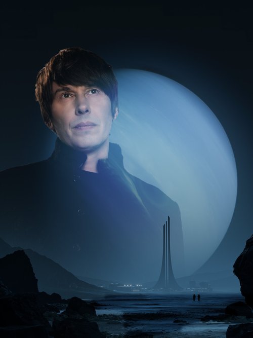 Professor Brian Cox wearing black in front of a moon and a deserted planet.