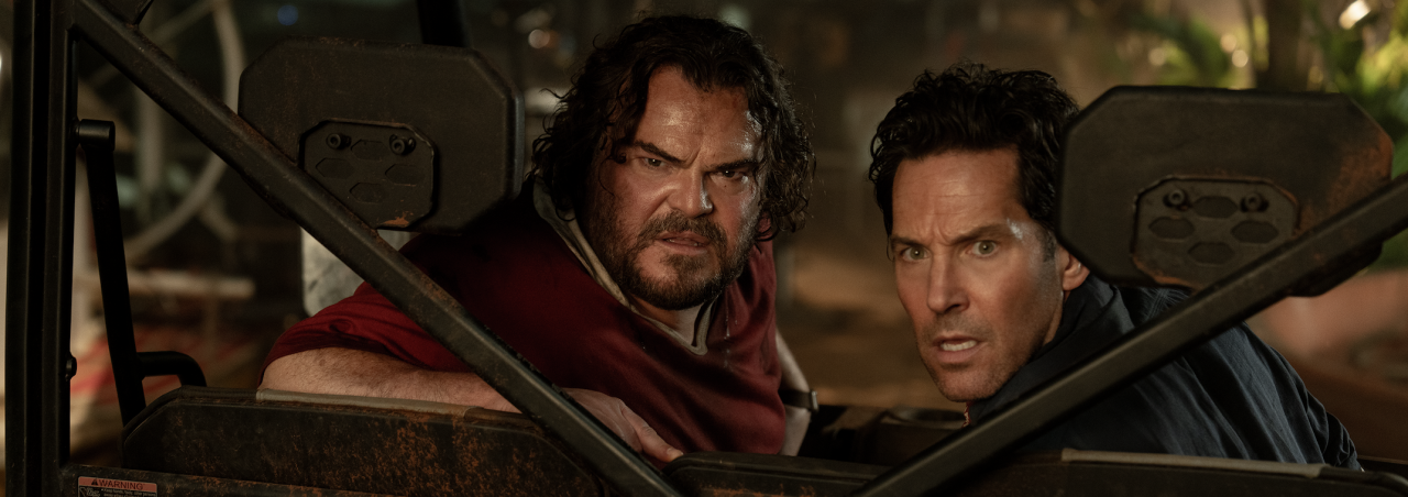 Jack Black and Paul Rudd looking behind them in a car in the movie Anaconda