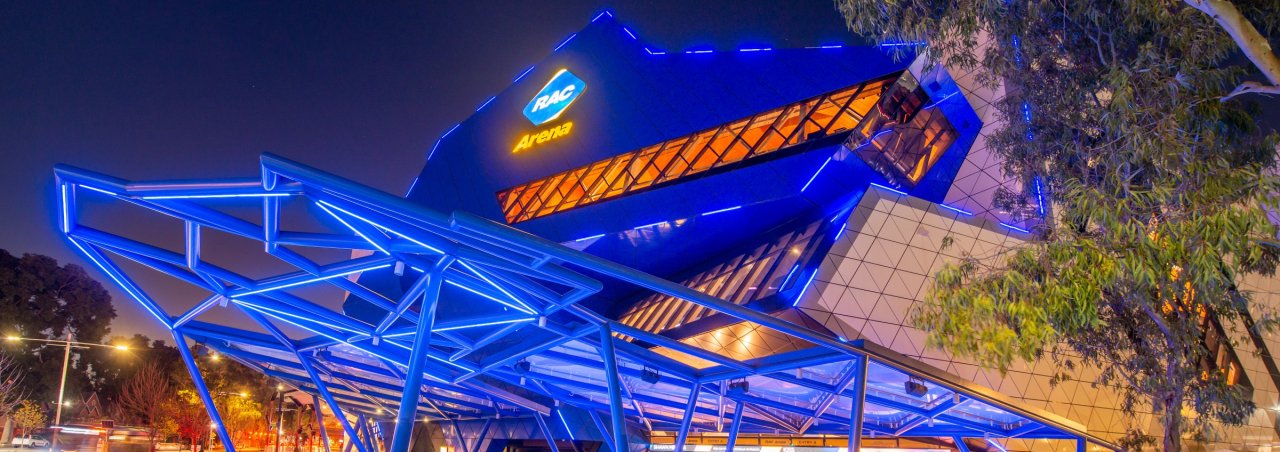 External view of RAC Arena at night